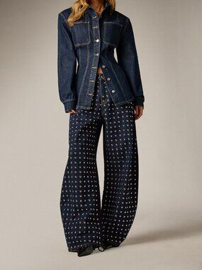 Dark Wash Blue Wide Leg Jeans With Metal Stud Embellishment